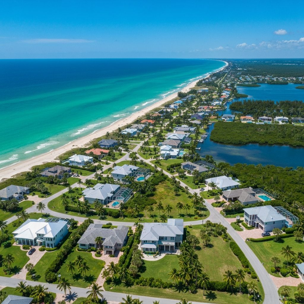 Aerial view of the Treasure Coast with waterfront homes and communities