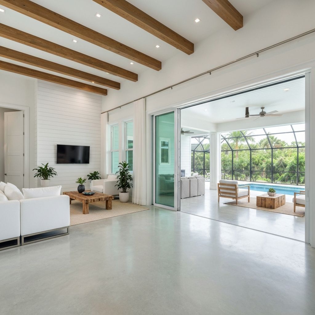 Modern open-concept great room in coastal home